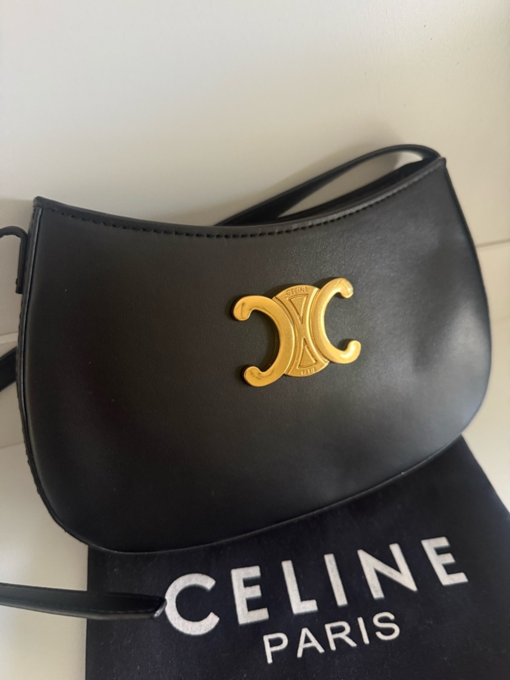 Celine Black Leather Mini Bag with Gold Triomphe Emblem